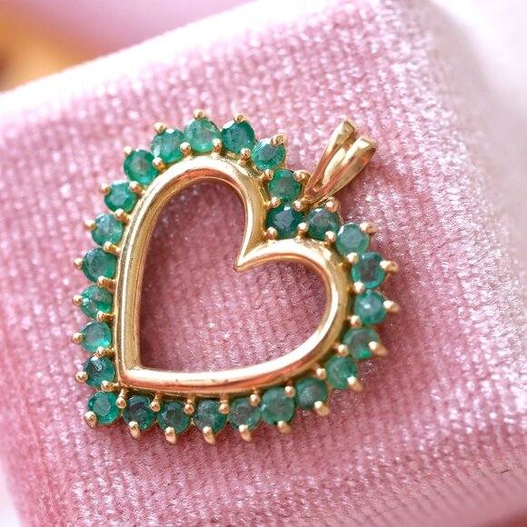 10KY Jewelry - 10KY Gold Heart Pendant w/ Real Emerald Stones